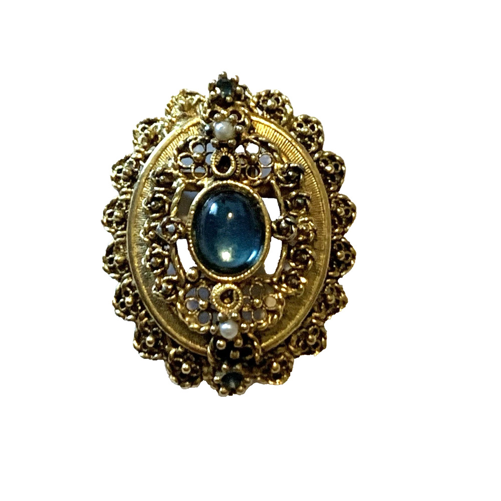 Vintage Brooch Gold Tone Filigree Blue Cabochon w/ Rhinestones & Faux Pearls